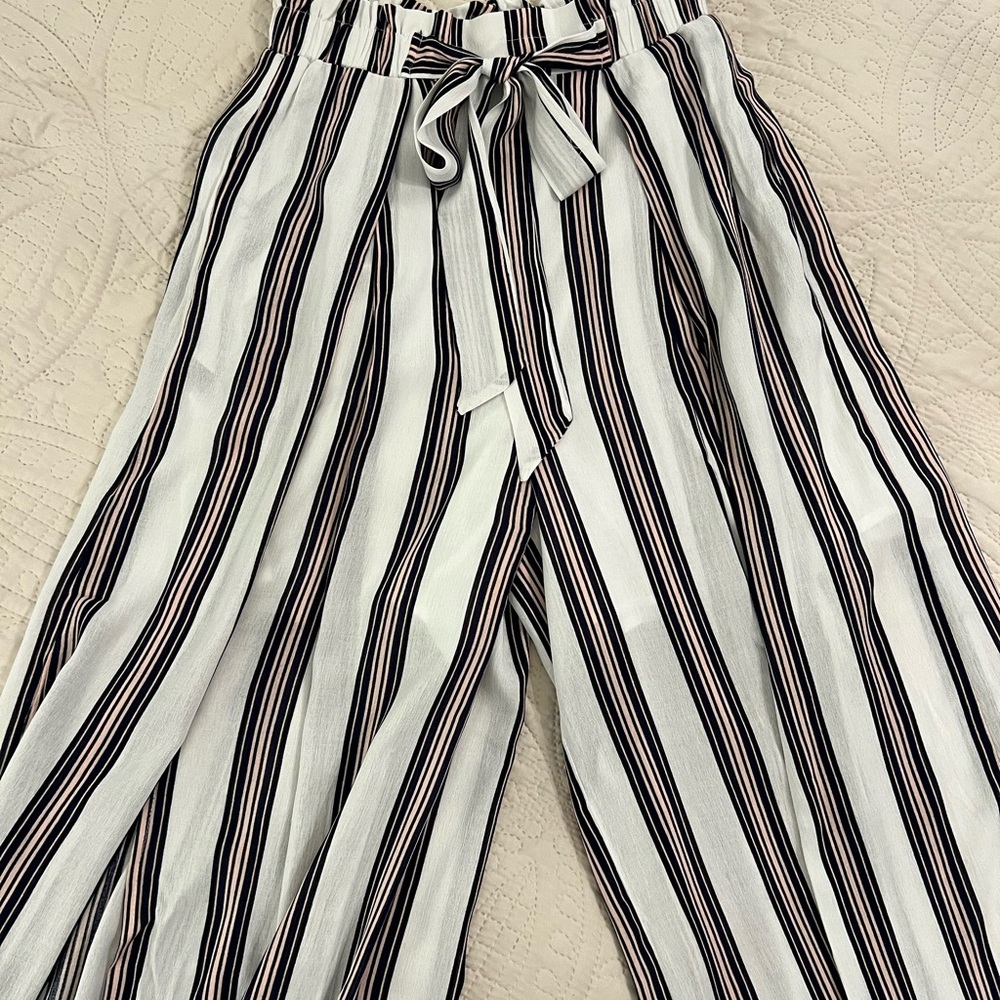 Simplee Navy, Pink, and White Wide Leg Pants with Stripes